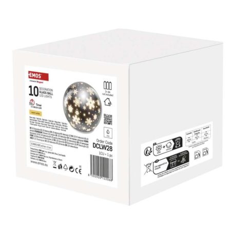 LED karácsonyi üveggömb – hópelyhek, 12 cm, 3x AA, beltéri, meleg fehér, időzítő