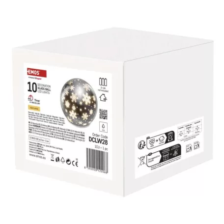 LED karácsonyi üveggömb – hópelyhek, 12 cm, 3x AA, beltéri, meleg fehér, időzítő