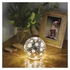 LED karácsonyi üveggömb – hópelyhek, 12 cm, 3x AA, beltéri, meleg fehér, időzítő