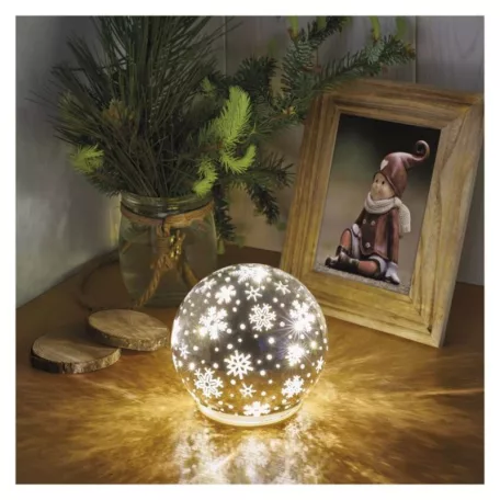 LED karácsonyi üveggömb – hópelyhek, 12 cm, 3x AA, beltéri, meleg fehér, időzítő