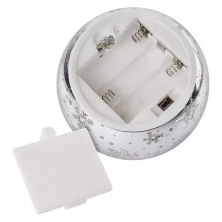 LED karácsonyi üveggömb – hópelyhek, 12 cm, 3x AA, beltéri, meleg fehér, időzítő