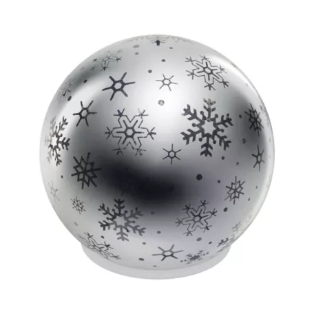 LED karácsonyi üveggömb – hópelyhek, 12 cm, 3x AA, beltéri, meleg fehér, időzítő