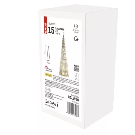 LED-es üveg karácsonyfa, 27 cm, 2x CR2032, beltéri, meleg fehér, időzítő