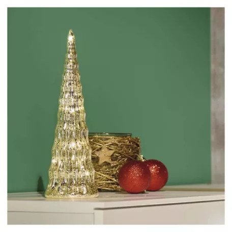 LED-es üveg karácsonyfa, 27 cm, 2x CR2032, beltéri, meleg fehér, időzítő