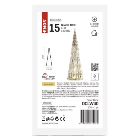 LED-es üveg karácsonyfa, 27 cm, 2x CR2032, beltéri, meleg fehér, időzítő