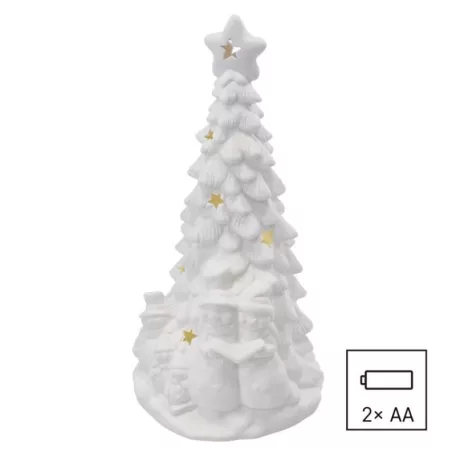 Kerámia LED-es fa hóemberekkel, 33,5 cm, 2x AA, meleg fehér, időzítő