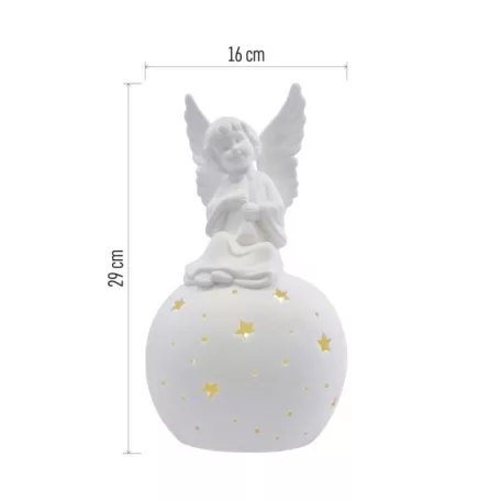 LED kerámia angyal, 29 cm, 2x AA, meleg fehér, időzítő