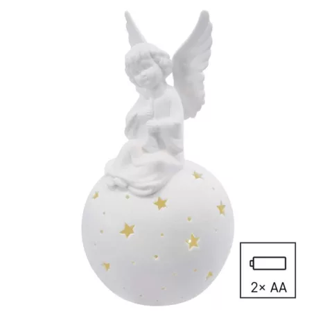 LED kerámia angyal, 29 cm, 2x AA, meleg fehér, időzítő
