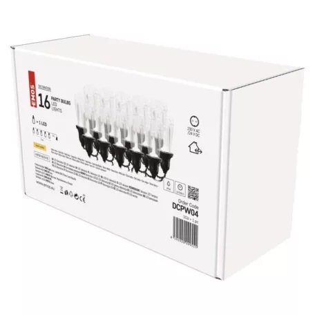 LED fényfüzér – 16x party égő átlátszó, 7,6 m, kültéri és beltéri, meleg fehér