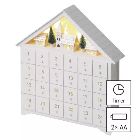 LED adventi naptár, fa, 35x33 cm, 2x AA, beltéri, meleg fehér, időzítő