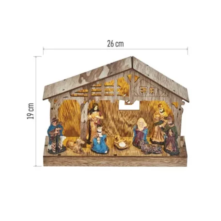 LED karácsonyi betlehem, fa, 19 cm, 3x AA, beltéri, meleg fehér, időzítő