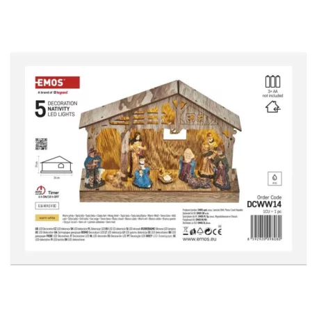 LED karácsonyi betlehem, fa, 19 cm, 3x AA, beltéri, meleg fehér, időzítő