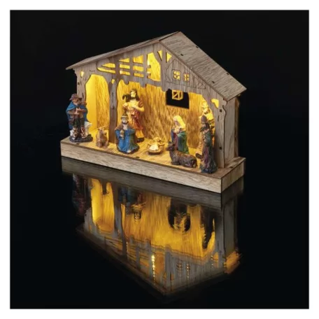 LED karácsonyi betlehem, fa, 19 cm, 3x AA, beltéri, meleg fehér, időzítő