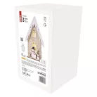 LED dekoráció, fa – házikó hóemberekkel, 28,5 cm, 2x AA, beltéri, meleg fehér, időzítő