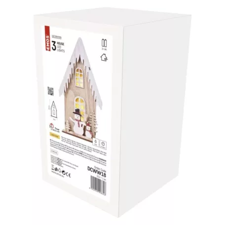 LED dekoráció, fa – házikó hóemberekkel, 28,5 cm, 2x AA, beltéri, meleg fehér, időzítő