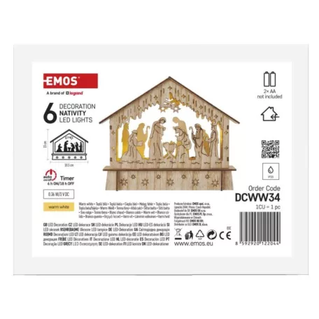 LED karácsonyi betlehem, fa, 15 cm, 2x AA, beltéri, meleg fehér, időzítő