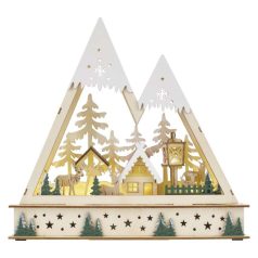   LED-es fa karácsonyi tájkép, 23,5 cm, 2x AA, beltéri, meleg fehér, időzítő