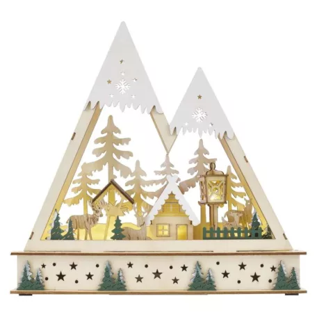 LED-es fa karácsonyi tájkép, 23,5 cm, 2x AA, beltéri, meleg fehér, időzítő