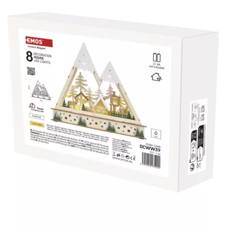 LED-es fa karácsonyi tájkép, 23,5 cm, 2x AA, beltéri, meleg fehér, időzítő