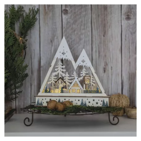 LED-es fa karácsonyi tájkép, 23,5 cm, 2x AA, beltéri, meleg fehér, időzítő