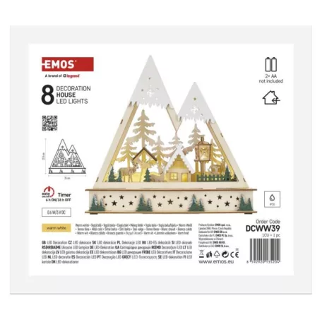 LED-es fa karácsonyi tájkép, 23,5 cm, 2x AA, beltéri, meleg fehér, időzítő