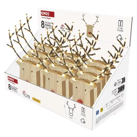 LED dekoráció, fa -rénszarvas, 16 cm, 2x AAA, beltéri, meleg fehér, időzítő, 12db, display
