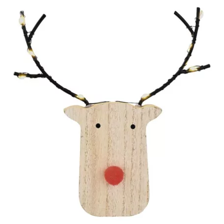 LED dekoráció, fa -rénszarvas, 16 cm, 2x AAA, beltéri, meleg fehér, időzítő, 12db, display