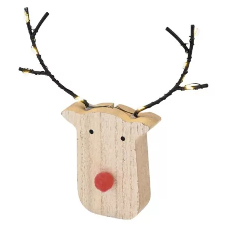 LED dekoráció, fa -rénszarvas, 16 cm, 2x AAA, beltéri, meleg fehér, időzítő, 12db, display