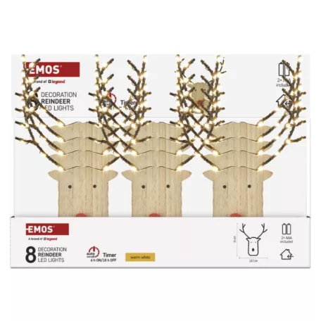 LED dekoráció, fa -rénszarvas, 16 cm, 2x AAA, beltéri, meleg fehér, időzítő, 12db, display