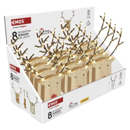 LED dekoráció, fa -rénszarvas, 16 cm, 2x AAA, beltéri, meleg fehér, időzítő, 12db, display