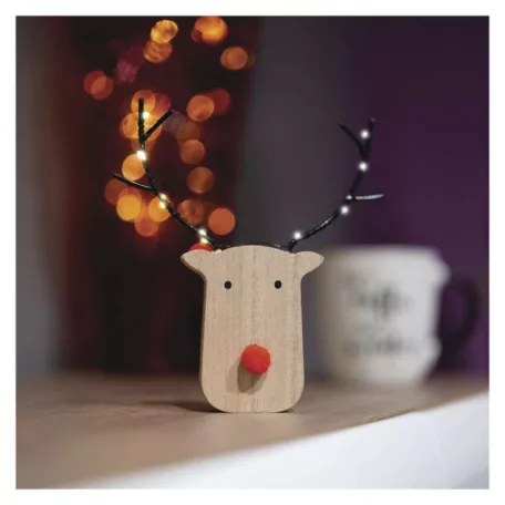 LED dekoráció, fa -rénszarvas, 16 cm, 2x AAA, beltéri, meleg fehér, időzítő, 12db, display