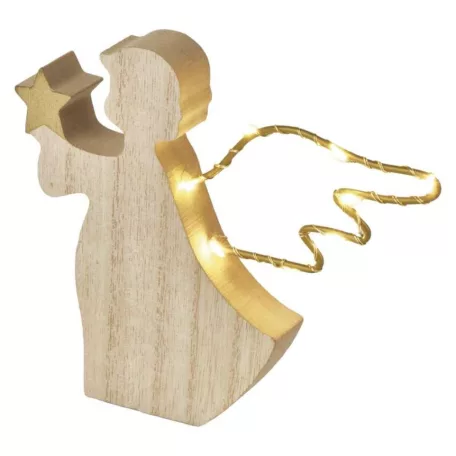 LED dekoráció, fa -angyal, 13 cm, 2x AAA, beltéri, meleg fehér, időzítő