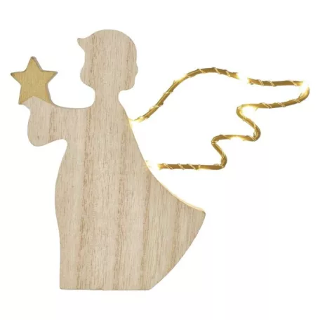 LED dekoráció, fa -angyal, 13 cm, 2x AAA, beltéri, meleg fehér, időzítő