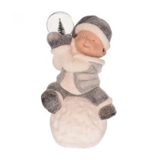   Home DD62730 gyermek figura, hógolyón ülő fiú, LED világítás, kerámia, beltéri