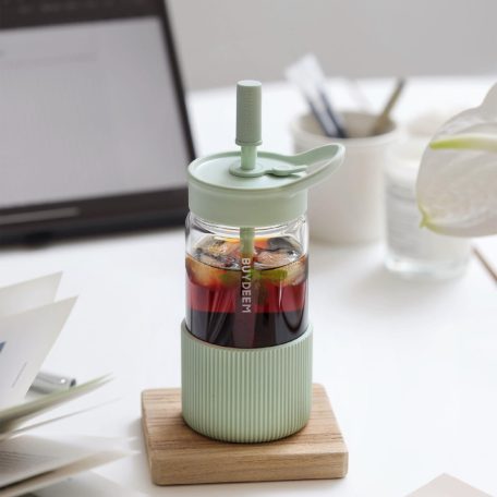 BUYDEEM DG425-CG üveg palack szívószállal, 500 ml, boroszilikát üveg, zöld