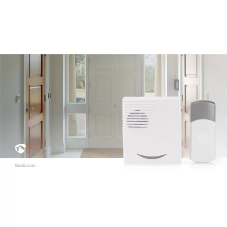 NEDIS Vezeték nélküli csengő 300M | Elemes Áramellátás | 3 V DC | 1x CR2032 | Hangerő: 80 dB | Jeltartomány: 300 m | IP44 | 36 Dallam | 1 Vevő | Fehér / Szürke