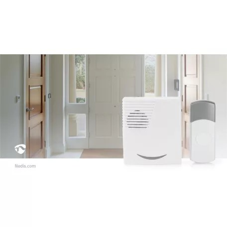 Vezeték nélküli csengő készlet | Elemes Áramellátás | 3 V DC | 1x CR2032 | Hangerő: 80 dB | Jeltartomány: 300 m | IP44 | 36 Dallam | 1 Vevő | Fehér / Szürke