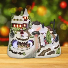   Home DRM 10 világító karácsonyi falu, szán, mikulás, színes LED, zenélő, világító, beltéri