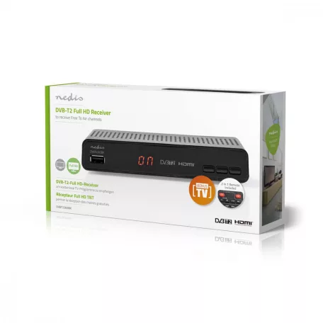 DVB-T2 vevő | Free To Air (FTA) | 480i / 480p / 576i / 576p / 720p / 1080i / 1080p | H.265 | 1000 Csatorna | Szülői felügyelet | Elektronikus műsor újság | Távvezérelt | Fekete
