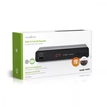 DVB-T2 vevő | Free To Air (FTA) | 480i / 480p / 576i / 576p / 720p / 1080i / 1080p | H.265 | 1000 Csatorna | Szülői felügyelet | Elektronikus műsor újság | Távvezérelt | Fekete