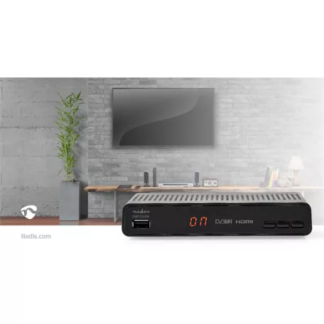 DVB-T2 vevő | Free To Air (FTA) | 480i / 480p / 576i / 576p / 720p / 1080i / 1080p | H.265 | 1000 Csatorna | Szülői felügyelet | Elektronikus műsor újság | Távvezérelt | Fekete