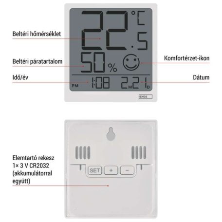 Digitális hőmérő vezeték nélküli érzékelővel, páratartalom-mérővel, dátum E0522