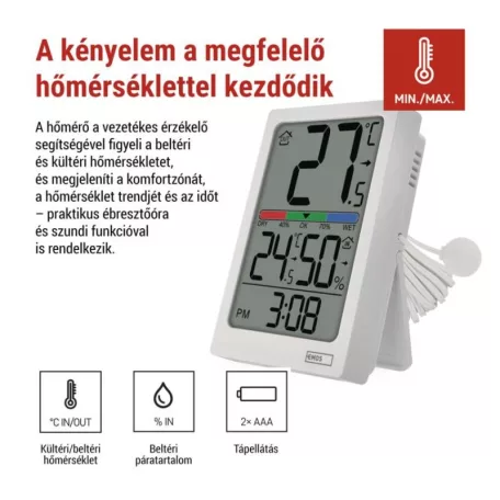 Digitális hőmérő páratartalom-mérővel, vezetékes érzékelővel, ébresztőórával E0558P