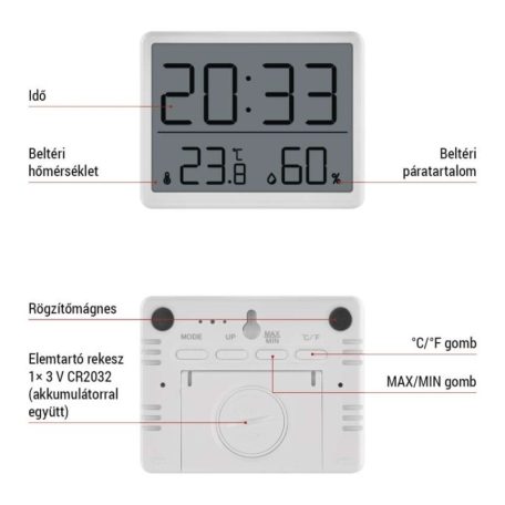 Digitális hőmérő páratartalom-mérővel, vezeték nélküli érzékelővel, óra, dátum E6210