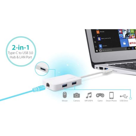 USB-C – 3 portos USB 3.0 Gigabit Ethernet hub