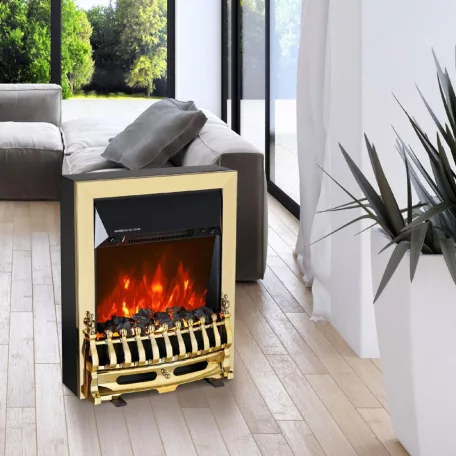 HOME FKK25G szabadon álló elektromos látványkandalló, max. 2000 W, LED lángeffekt, 2 fokozat, mechanikus vezérlés, arany díszítés