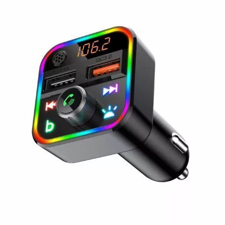 SAL FMBT 18RGB autós kihangosító és töltő, 5 in 1, FM modulátor, dupla USB gyorstöltő, feszültségmérő, basszus-kiemelés gomb