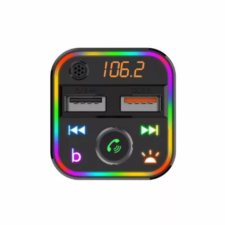 SAL FMBT 18RGB autós kihangosító és töltő, 5 in 1, FM modulátor, dupla USB gyorstöltő, feszültségmérő, basszus-kiemelés gomb