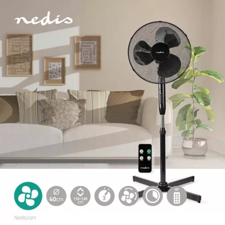 Nedis fnst15cbk40 Álló Ventilátor | Átmérő: 400 mm | 3-sebességes | Oszcilláló | 40 W | Állítható magasság | Automatikus kikapcsolás időzítő | Távirányító | Fekete