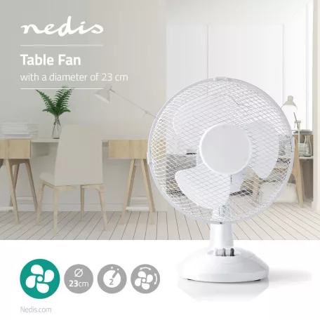 Asztali ventillátor | Hálózati Áramellátás | Átmérő: 230 mm | 22 W | Oszcilláló | 2-sebességes | Fehér